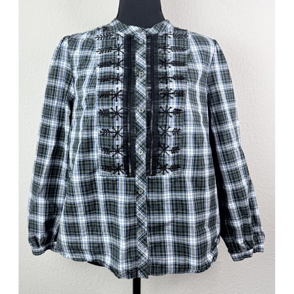J.Crew Womens Plaid Shirt Embellished Green Tartan Beaded Long Sleeve S‎ Peasant